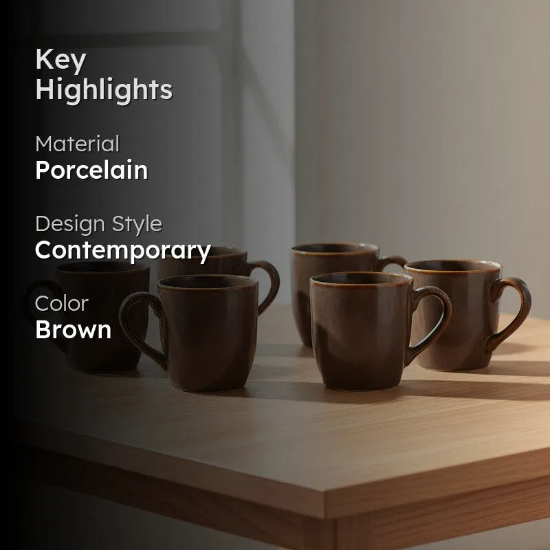 Elowen Porcelain Tea Cup (180 mL Each,Brown) - Set Of Six media 2