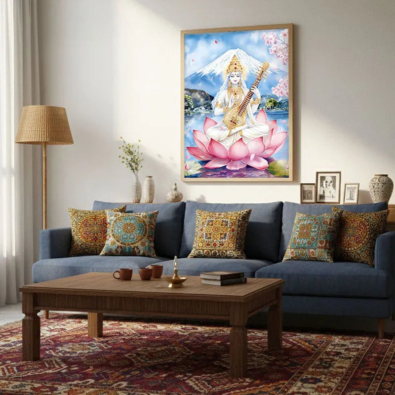 Padmasana Saraswati Spiritual Archival Paper Wall Painting - Natural Brown Frame media 4