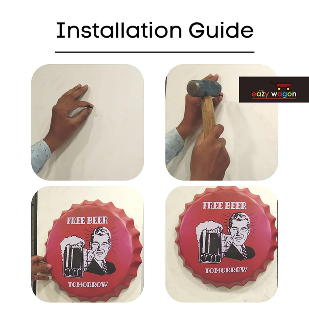 Installation guide showing a red bottle-cap wall clock being mounted