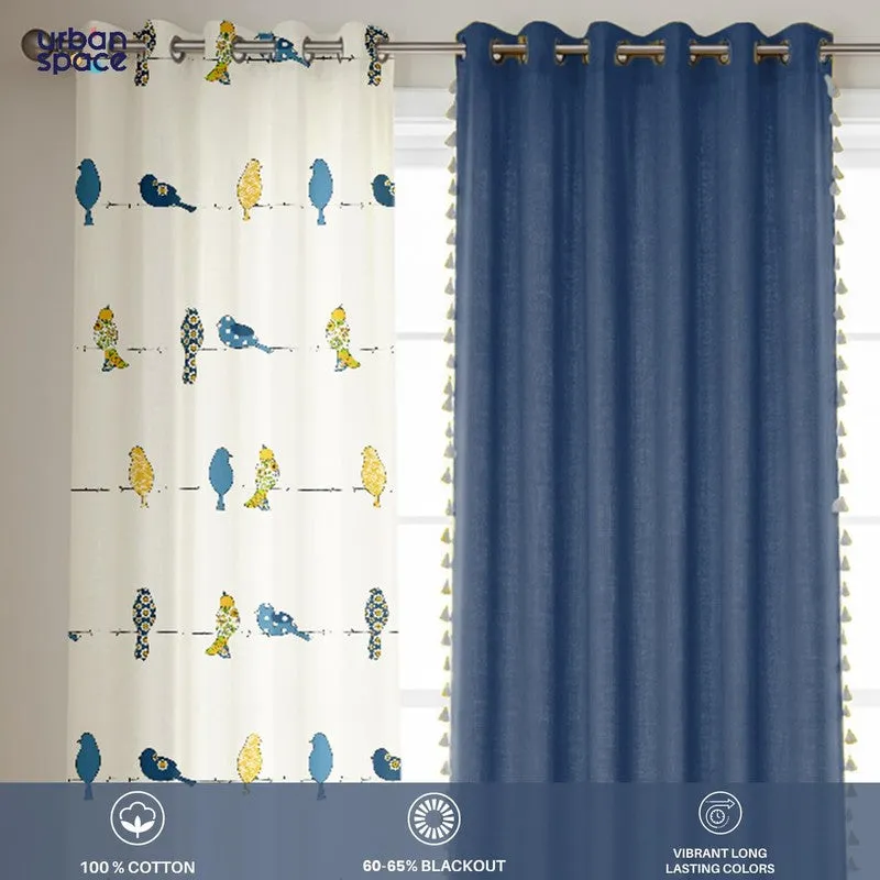 Blue and white Humming Bird Blue curtain panel with printed humming bird details
