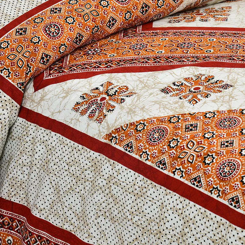Akanksha Ethnic Cotton Bedsheet (Orange,Beige) - 180 TC media 3