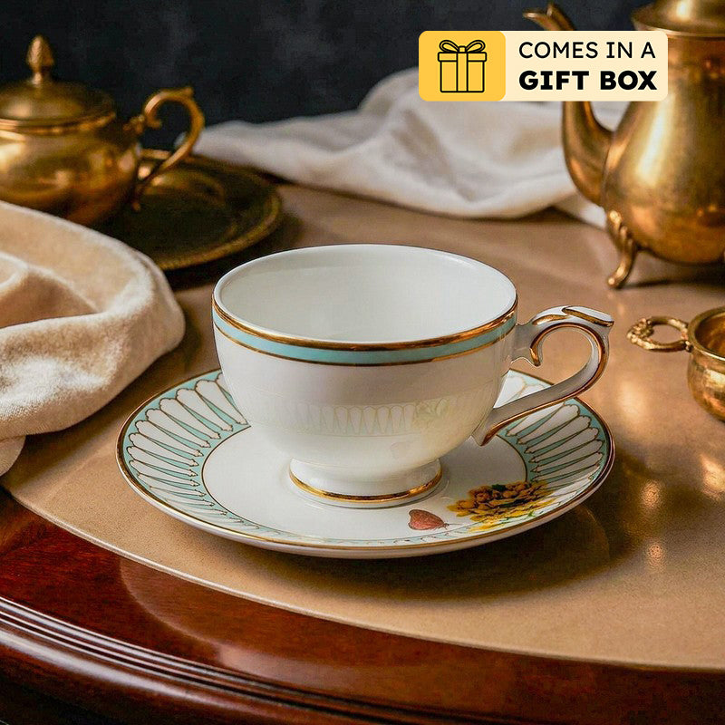Basant 24k Gold Brushed Porcelain Tea Cup & Saucer (280 mL) - Set of Six - 280 ML