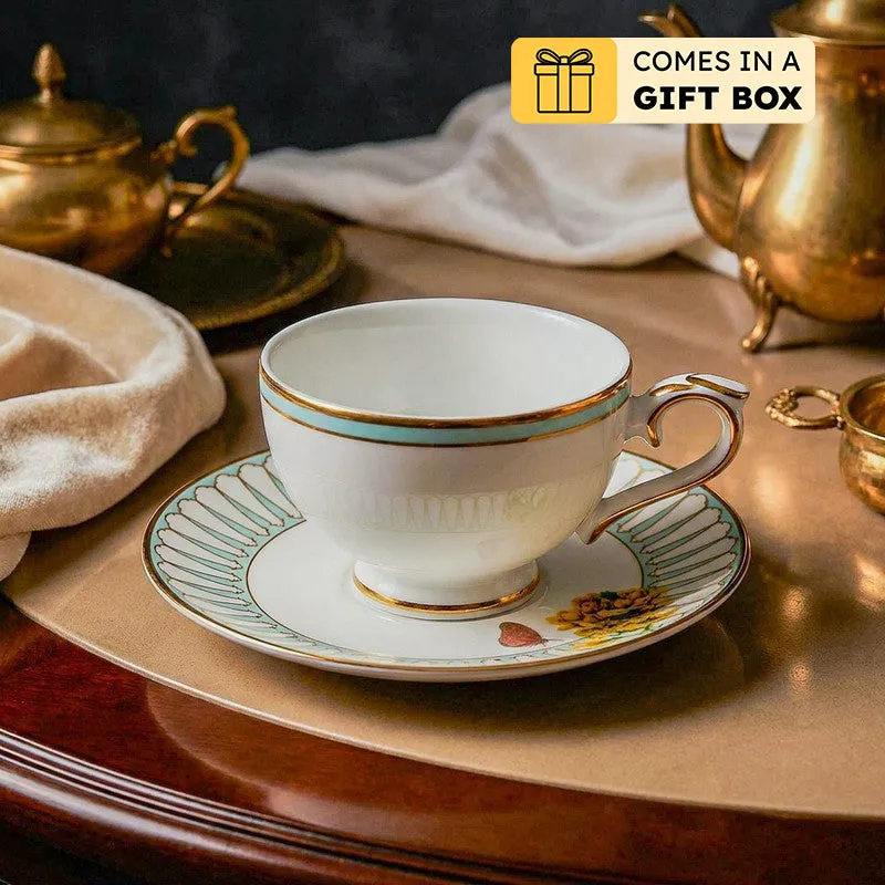 Basant 24k Gold Brushed Porcelain Tea Cup & Saucer (280 mL) - Set of Six media 1