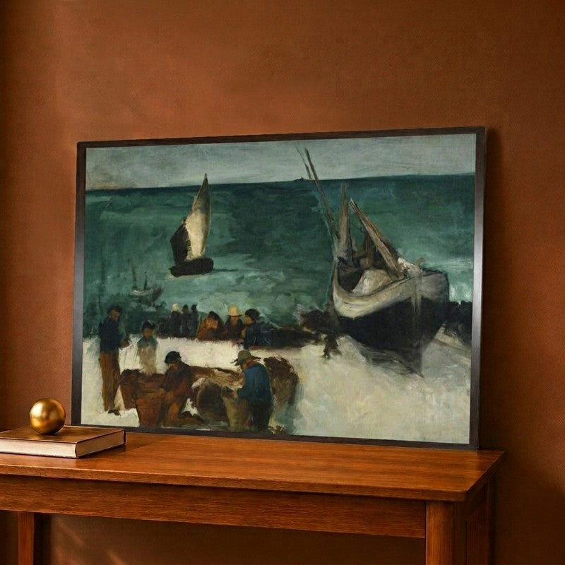 Fishing Boats and Fishermen Canvas Wall Painting - 24 x 16 Inches