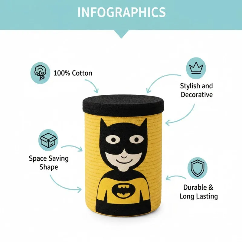 Yellow and black superhero storage basket shown with feature callouts