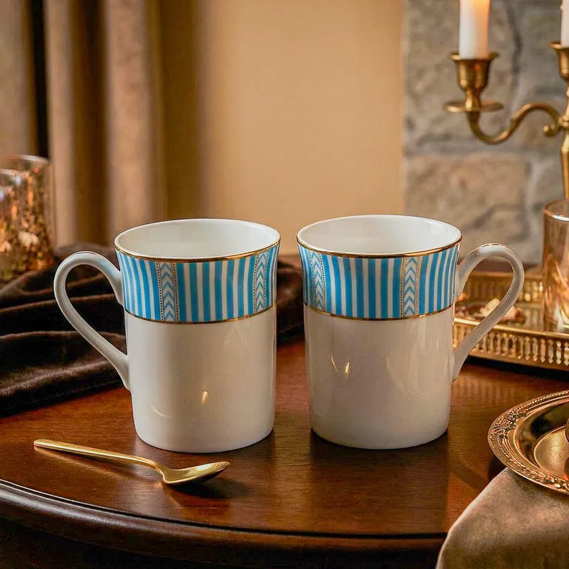 Stripe Classic 24k Gold Brushed Porcelain Coffee Mug (Blue/300 mL Each) - Set Of Six media 3