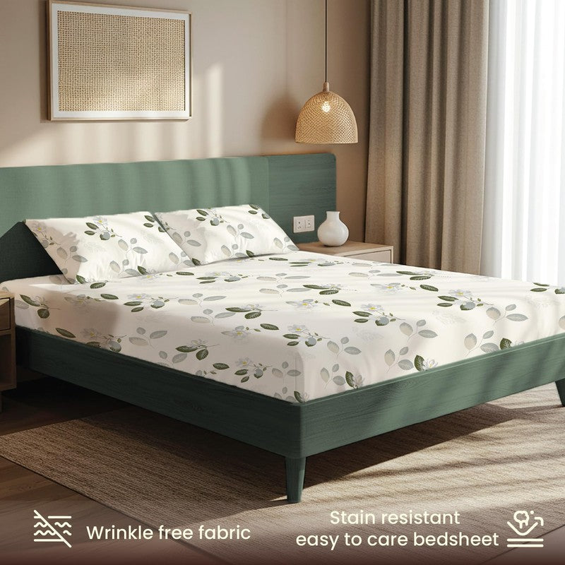 Verdant Garden Floral Cotton Bedsheets (Green & White) - 200 TC media 5