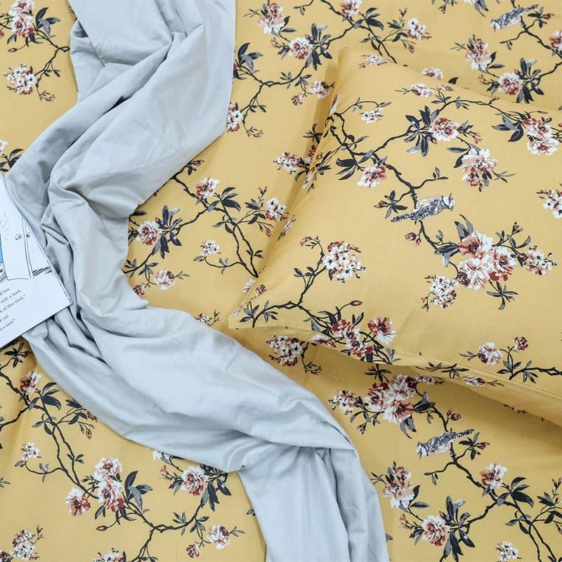 Cherry Blossom Floral Cotton Bedsheet (Mustard Yellow) - 254 TC media 6