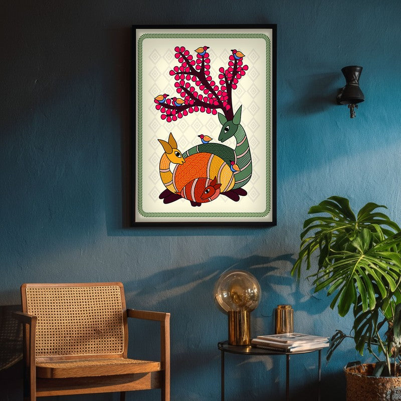 Deer In Color Framed Madhubhani Canvas Wall Painting media 4