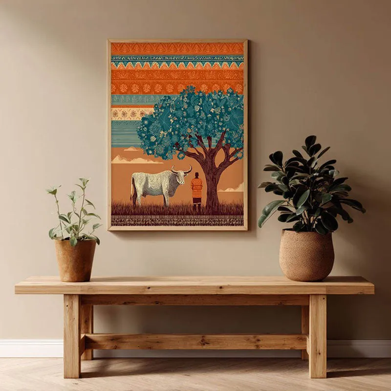 Kamadhenu Canvas Wall Painting With Brown Frame media 8
