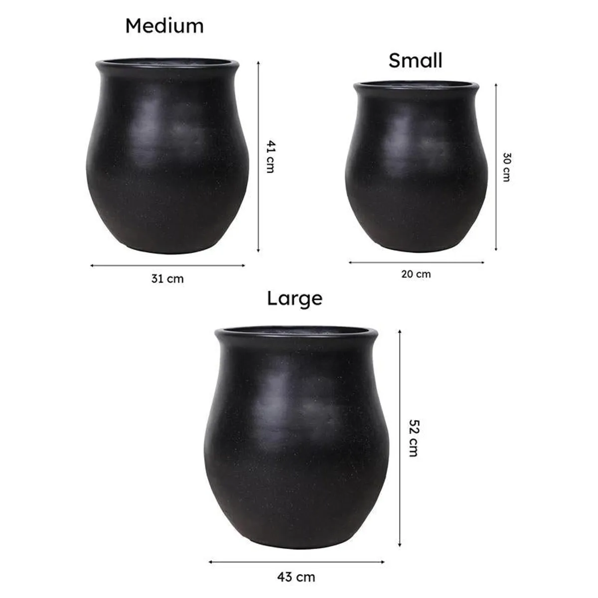 Size comparison showing Small, Medium and Large black planters