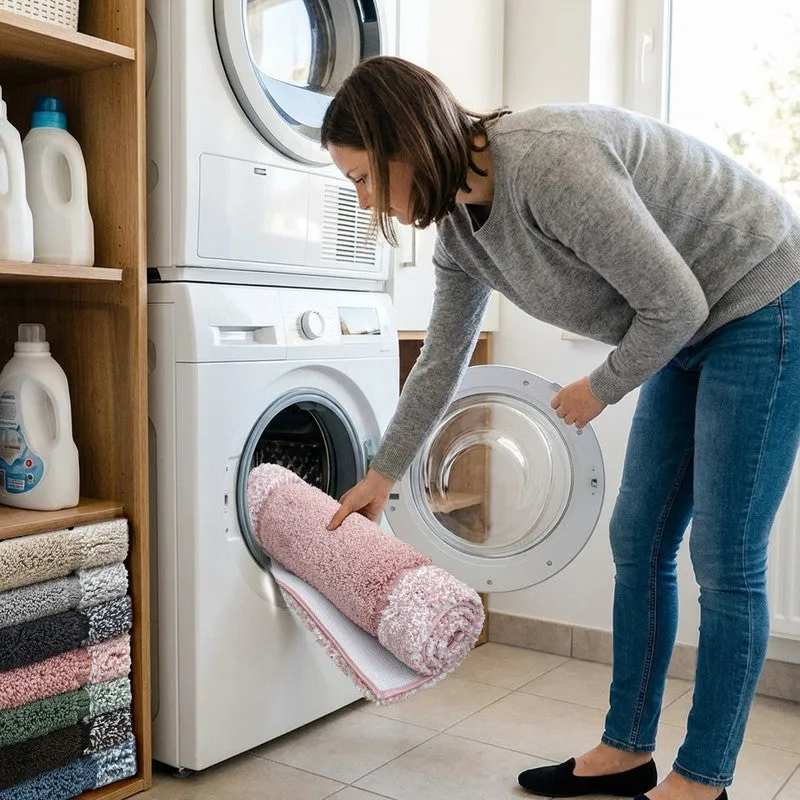 Rolled pink rug being placed into a washing machine