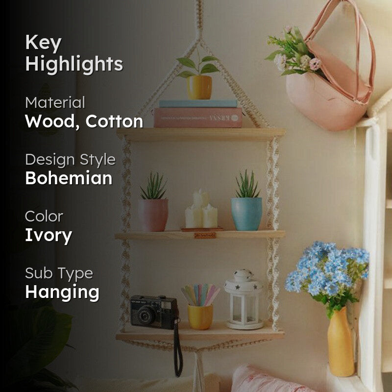 Wimara Boho Cotton Macrame Hanging Shelf media 2