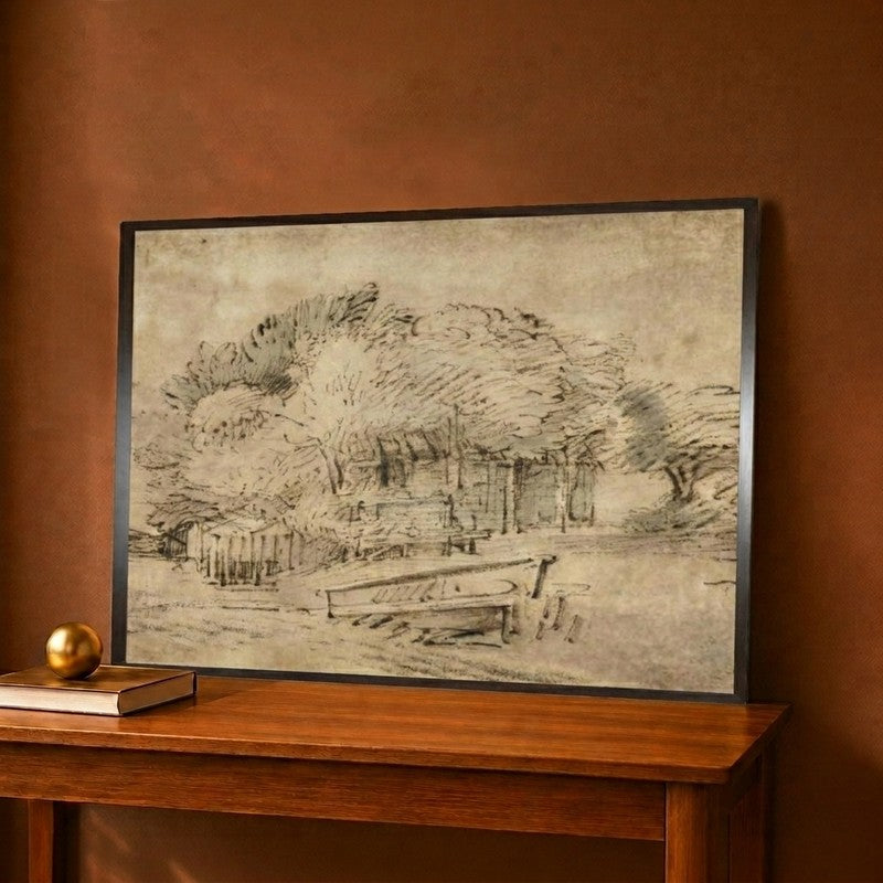 Farmhouse Beneath Trees With A Footbridge C.1650 Canvas Wall Painting - 12 x 9 Inches