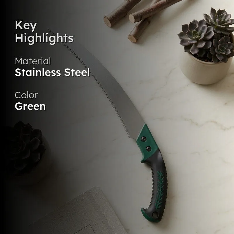 Highlight graphic showing the pruning saw with green colour and stainless steel material
