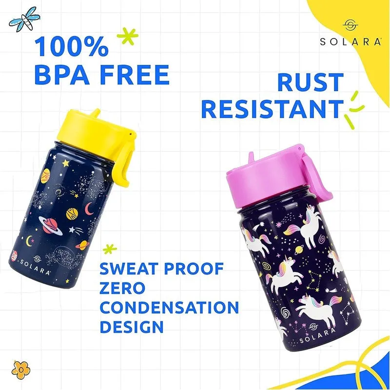 Two insulated bottles with colourful lids shown in an informational promotional layout