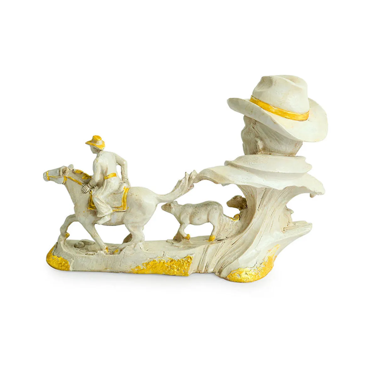 Side view of white and gold cowboy figurine showpiece