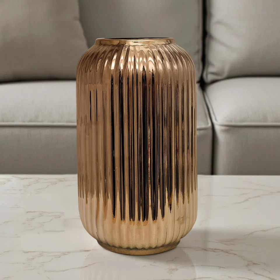 Opulent Ribbed Ceramic Vase - Gold media 7