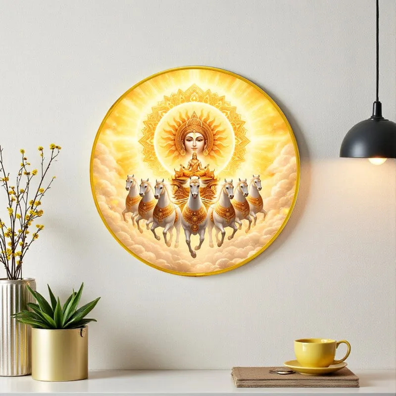 Round Surya Dev wall art with golden halo and white horses displayed above a console