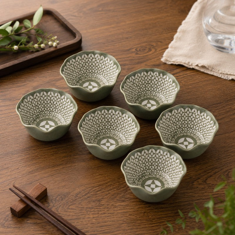 MiniMingle Porcelain Snack Bowl (Green/300 mL Each) - Set of Six - 300 mL