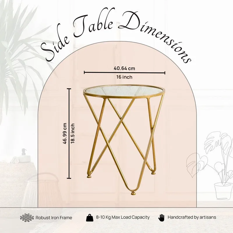 Gold round side table shown with dimension graphic