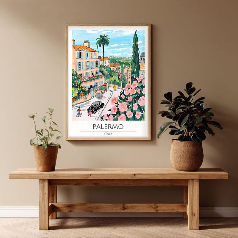 Vintage Palermo Framed Canvas Archival Canvas Wall Painting - Natural Brown Frame