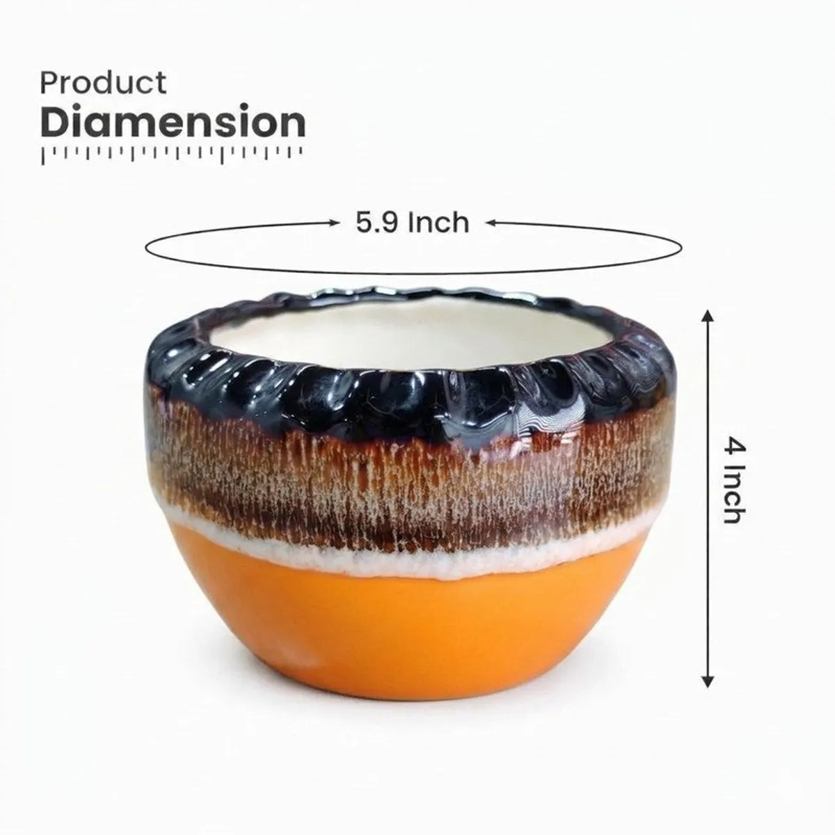 Round ceramic planter shown with product dimensions and a multicolour glossy finish.
