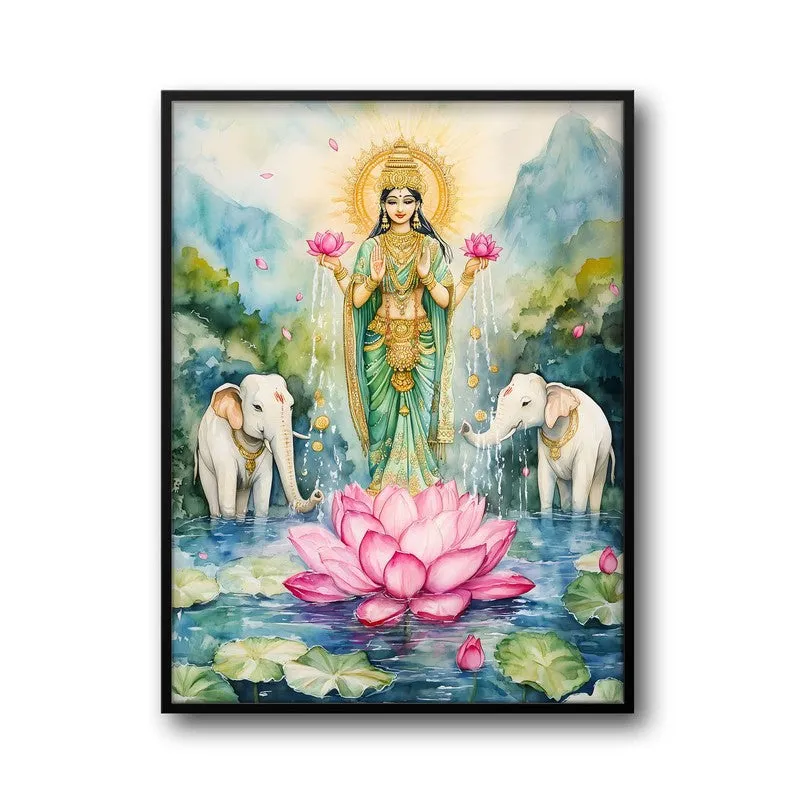 Divine Gaja Lakshmi Spiritual Archival Paper Wall Painting With Frame - Black media 5