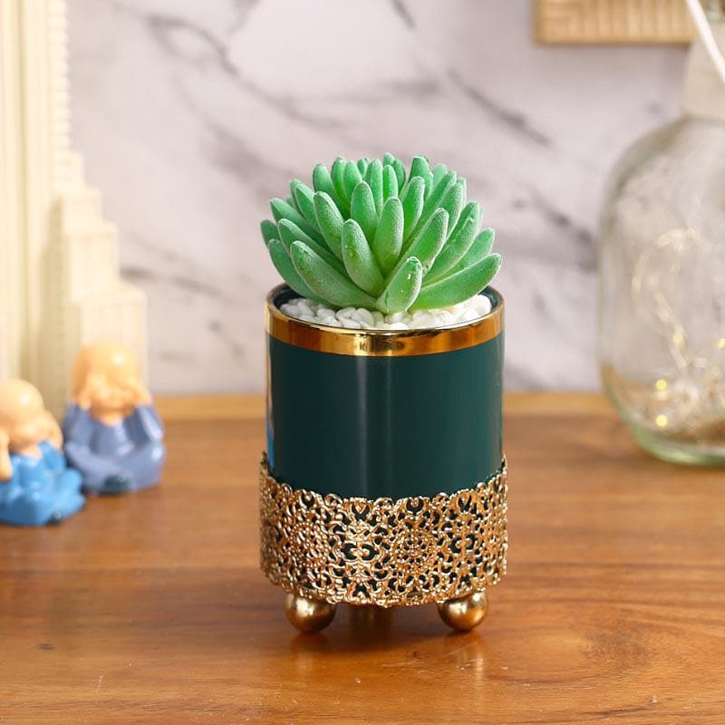 Faux Big Gasteria In Blue Ceramic Pot - 15.5 cms