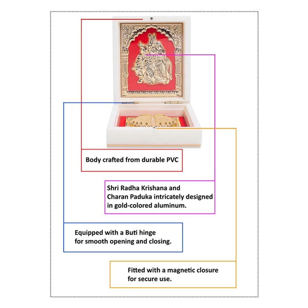 Open accent box showing its ivory body and gold-toned devotional artwork