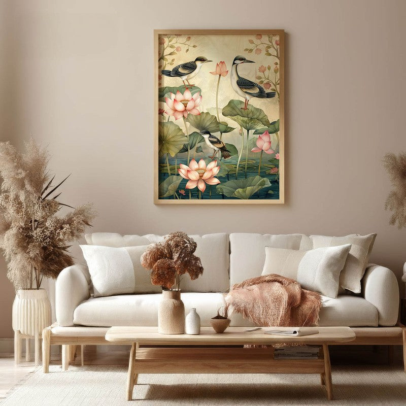 Lotus Pond Canvas Wall Painting With Brown Frame