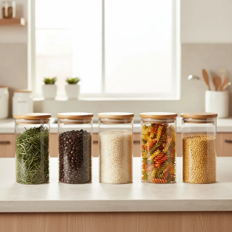 Five transparent glass jars with bamboo lids arranged on a kitchen counter.