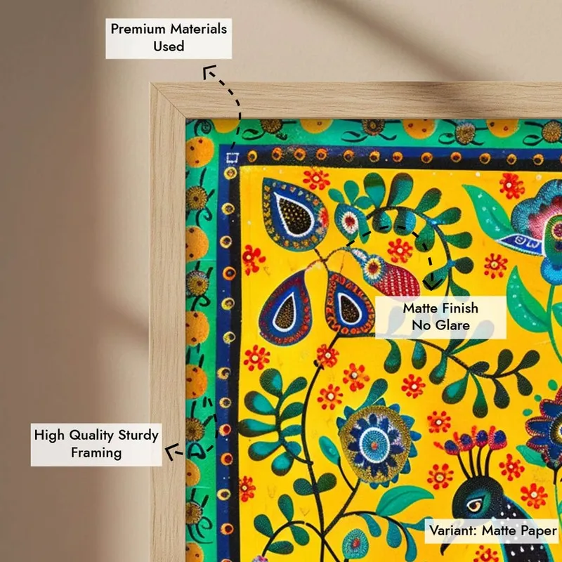 Colorful Peacock Folk Art Canvas Wall Painting With Brown Frame media 11