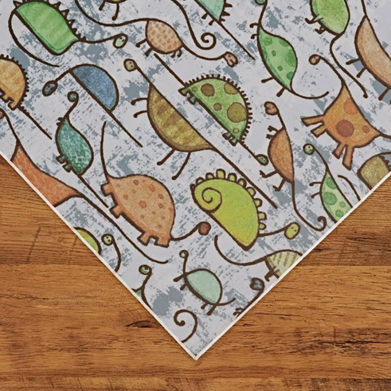 Angled corner view of dinosaur print rectangular carpet