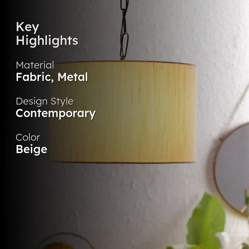 Beige pendant lamp with text overlay showing material and style highlights