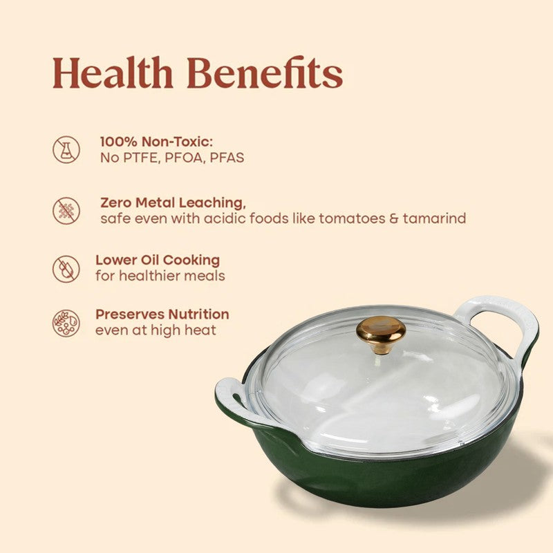 Cumin Co Enamel Cast Iron Kadhai With Lid (3200 mL) - Green media 7