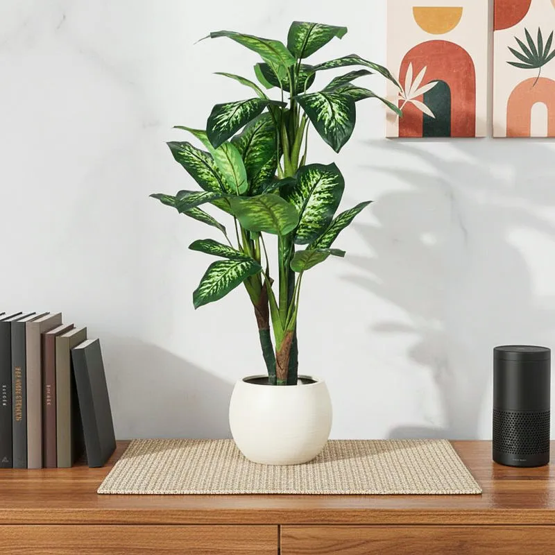 Faux Lush Dieffenbachia Plant With Black Plastic Pot - 2.0 Feet media 1