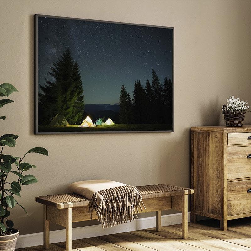 Illuminated Tourist Tents Canvas Wall Painting - Black Frame
