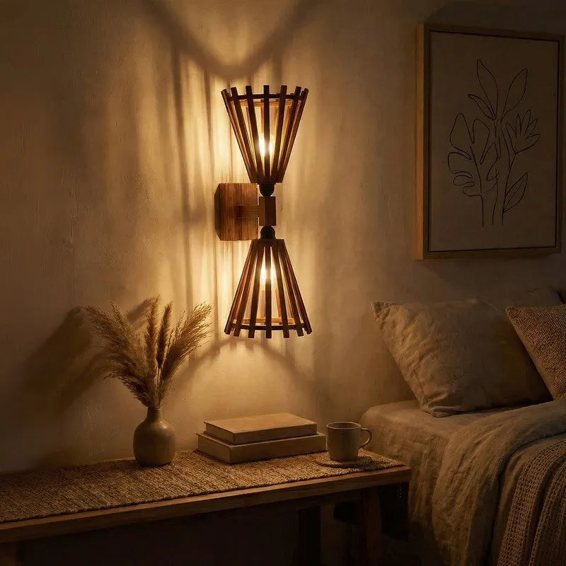 Twin StripeCone Wooden Wall Lamp - Brown media 1