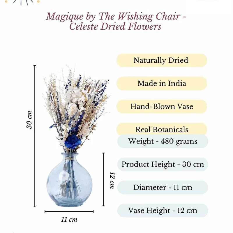 Promotional image showing dried flowers with vase and printed dimensions