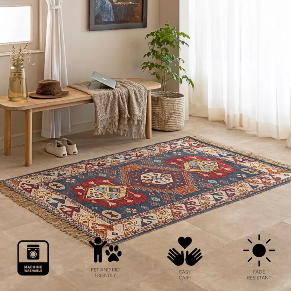 Rectangular geometric rug displayed in a bright living room
