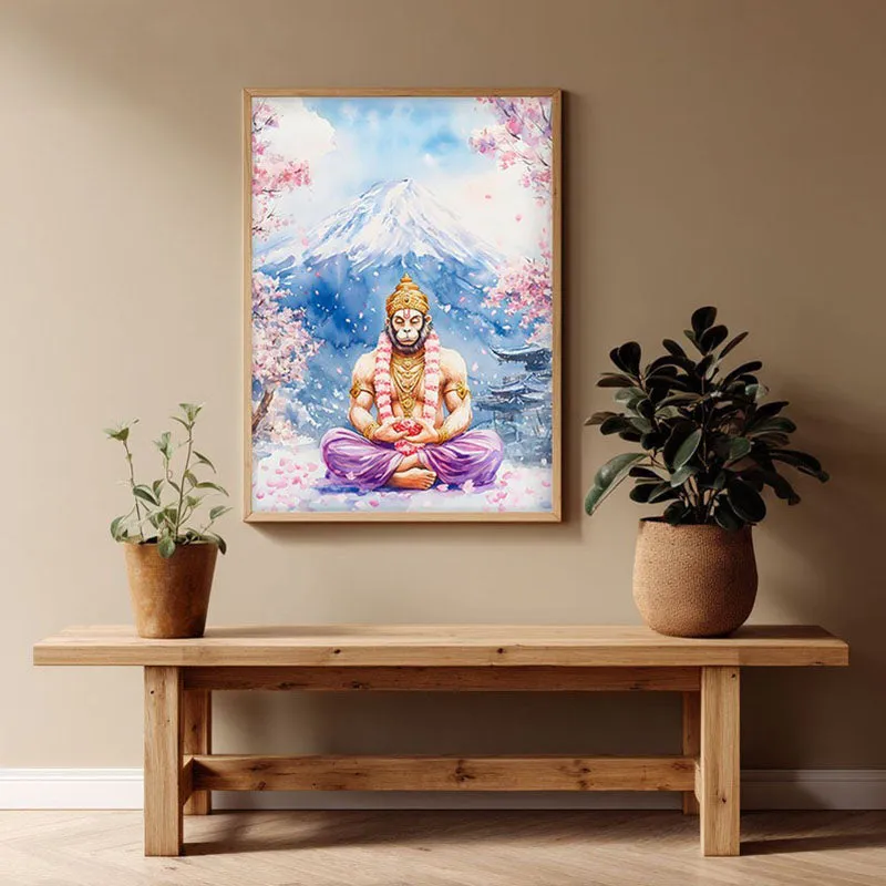 Divine Chiranjeevi Spiritual Archival Paper Wall Painting - Natural Brown Frame media 1