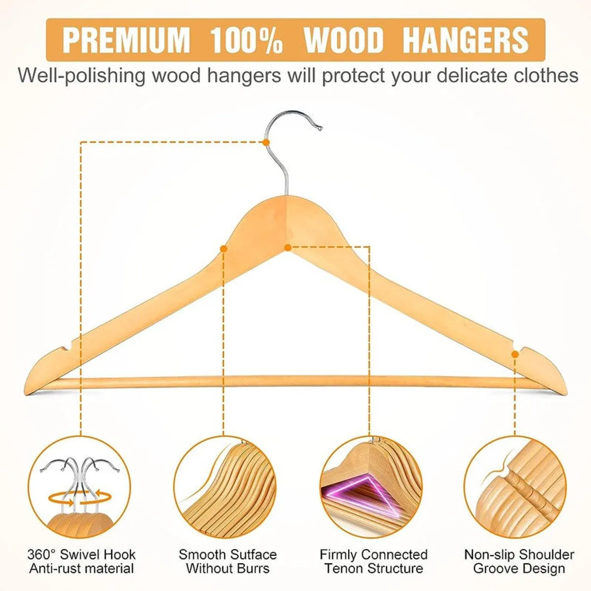 Single wooden hanger with silver hook shown front-on