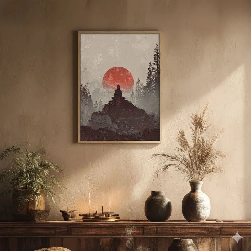 Crimson Sun III Over Silent Peaks Wall Painting With Brown Frame media 1