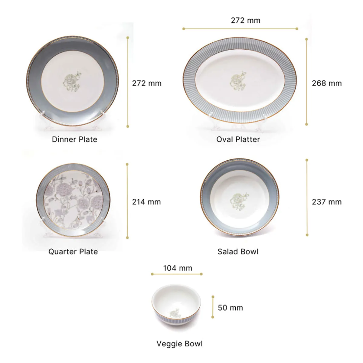 Gilded Iris 24k Gold Brushed Porcelain Dinner Set (Grey) - 21 Piece Set - 6