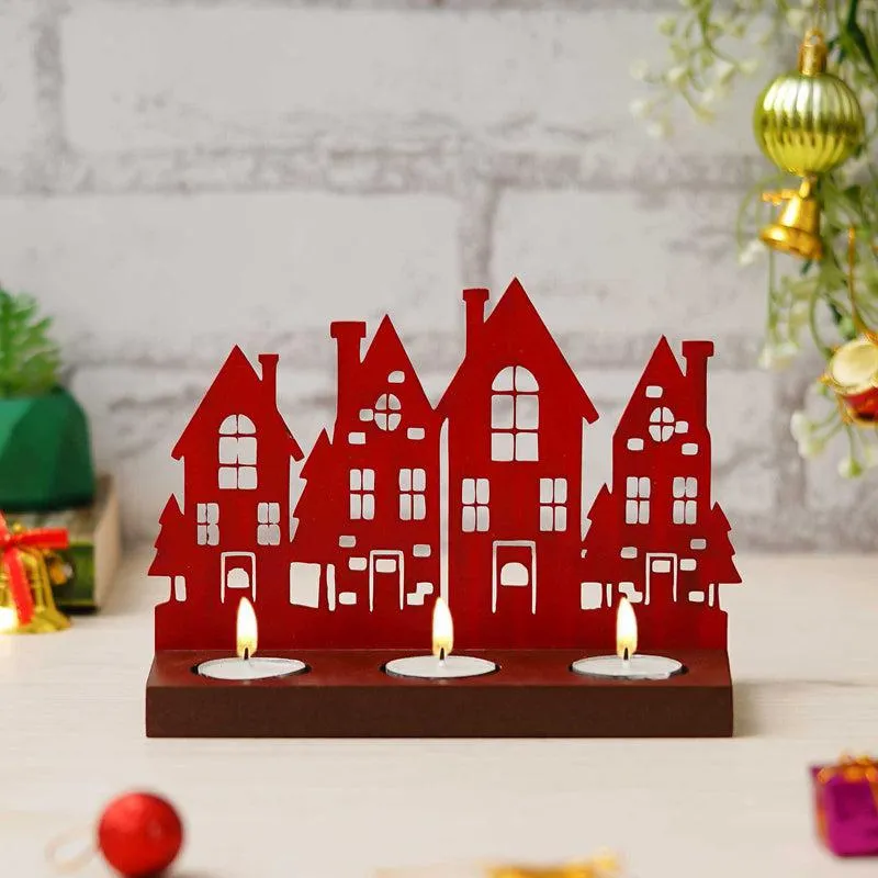 Holiday Village Wood Christmas Tea Light holder - Red media 4