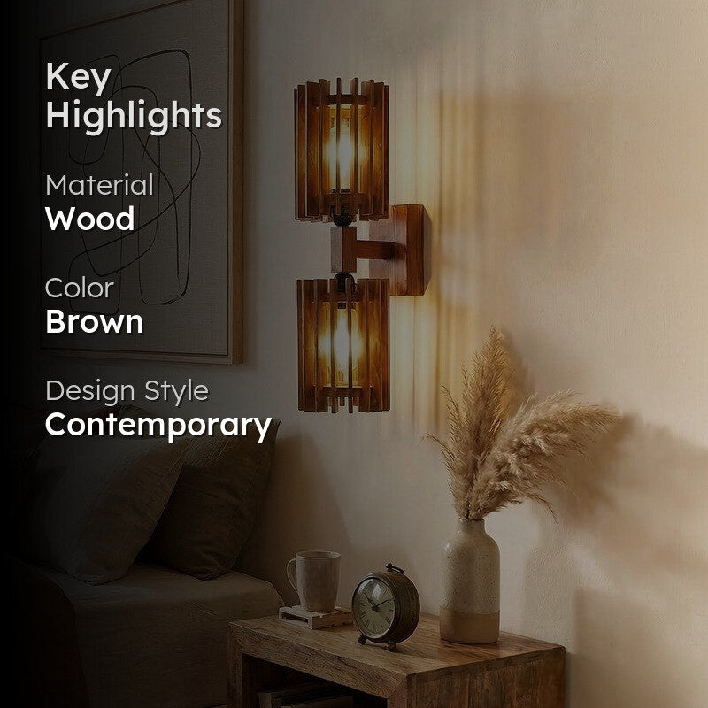 Twin LineGrid Wooden Wall Lamp - Brown media 2