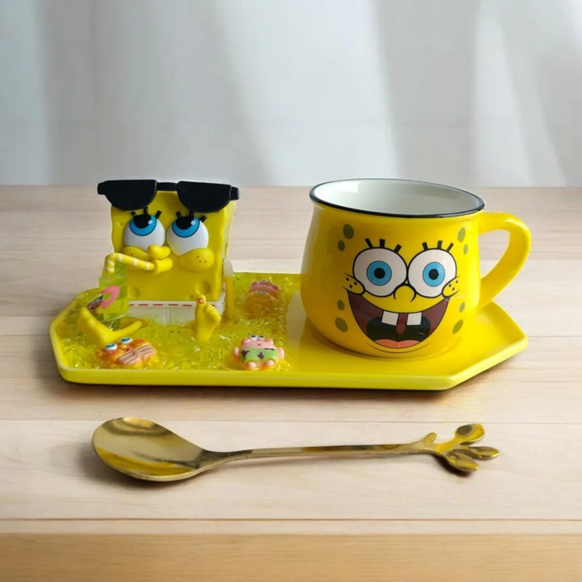 SpongeBob mug set with sunglasses figurine and gold-toned spoon