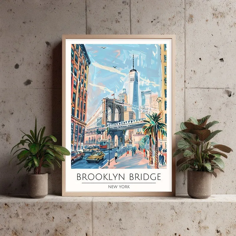 Vintage Brooklyn Bridge Framed Canvas Archival Canvas Wall Painting - Natural Brown Frame media 3