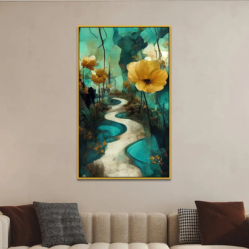 Winding Petal Path Floral Canvas Wall Painting With Frame - Gold media 1